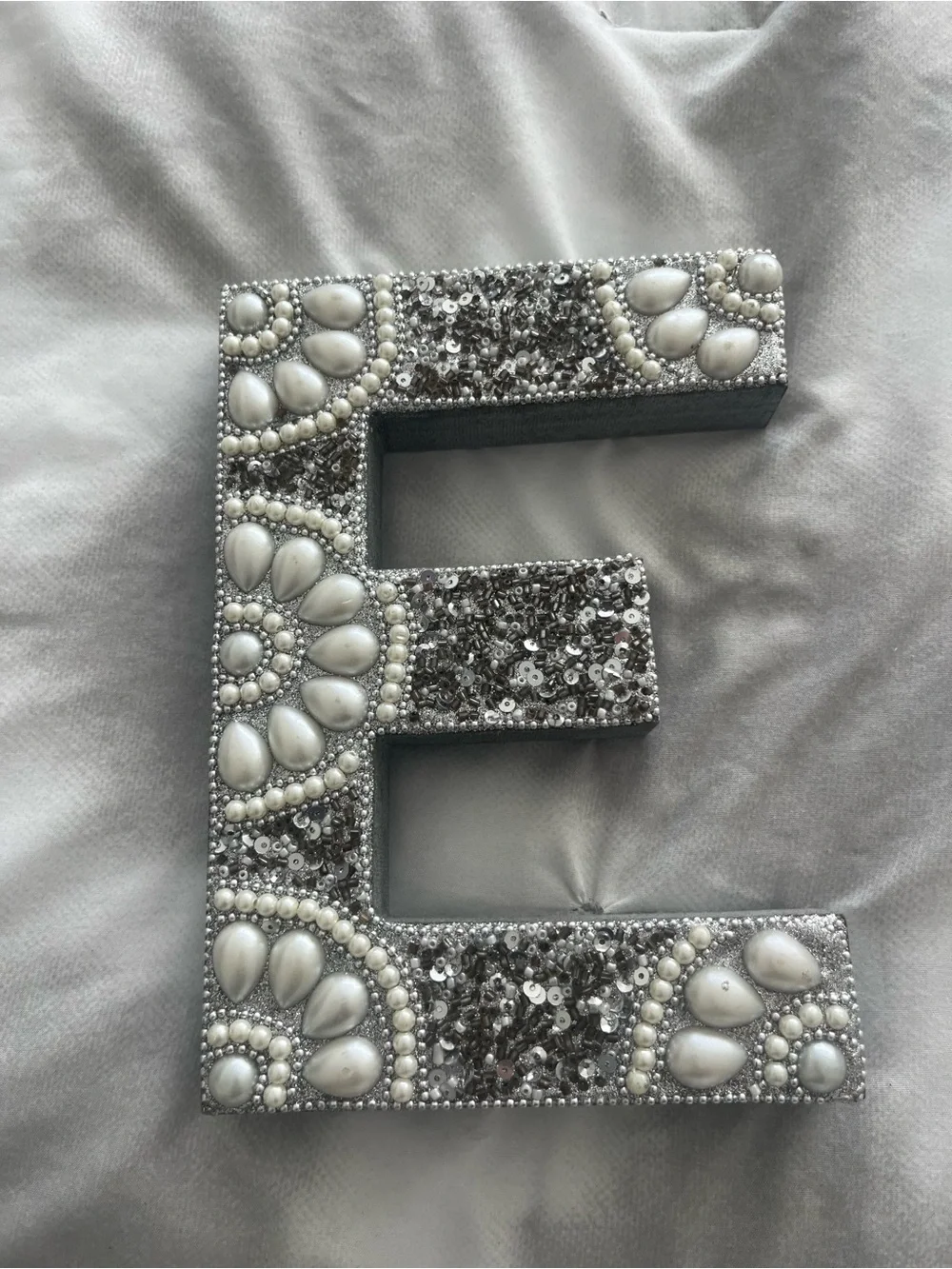 Letter E Decor in Silver and Pearl